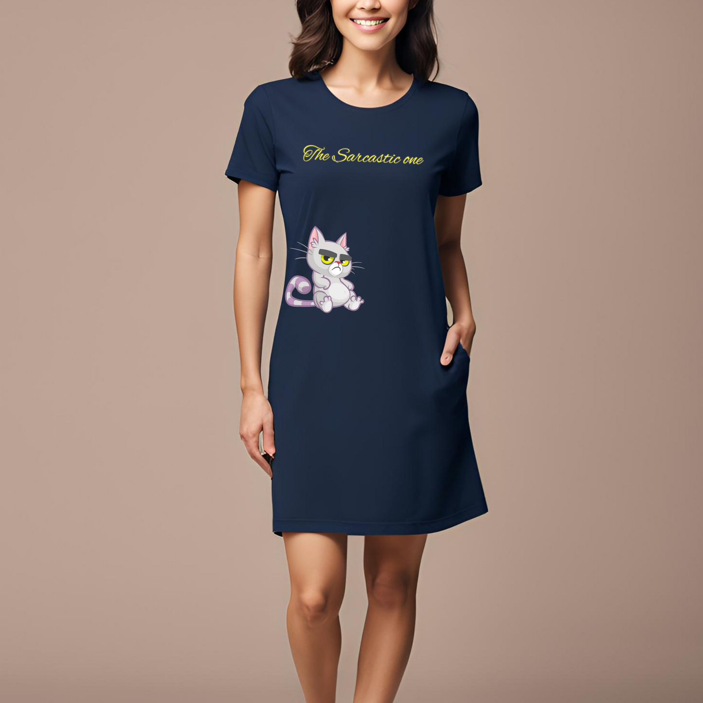 Female round neck t-shirt dress- Sarcastic cat