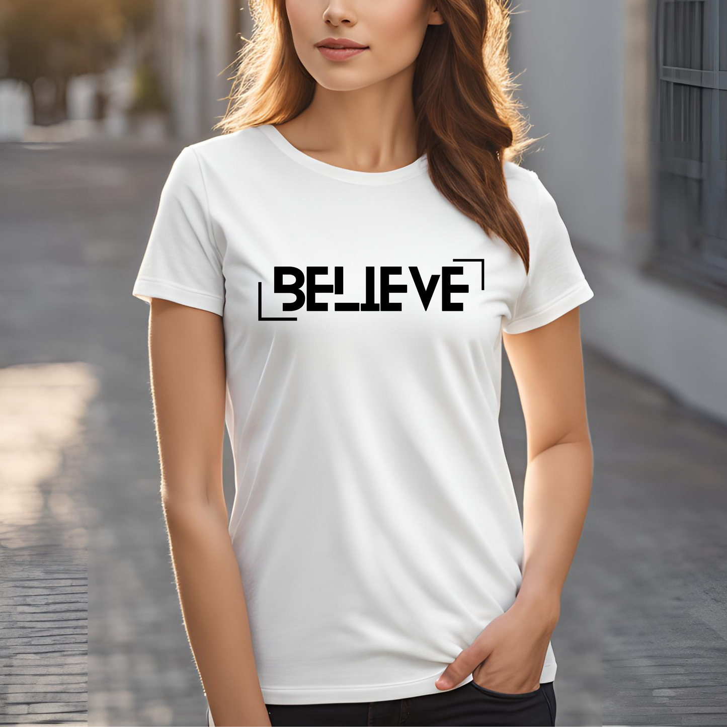Female round neck t-shirt- Believe