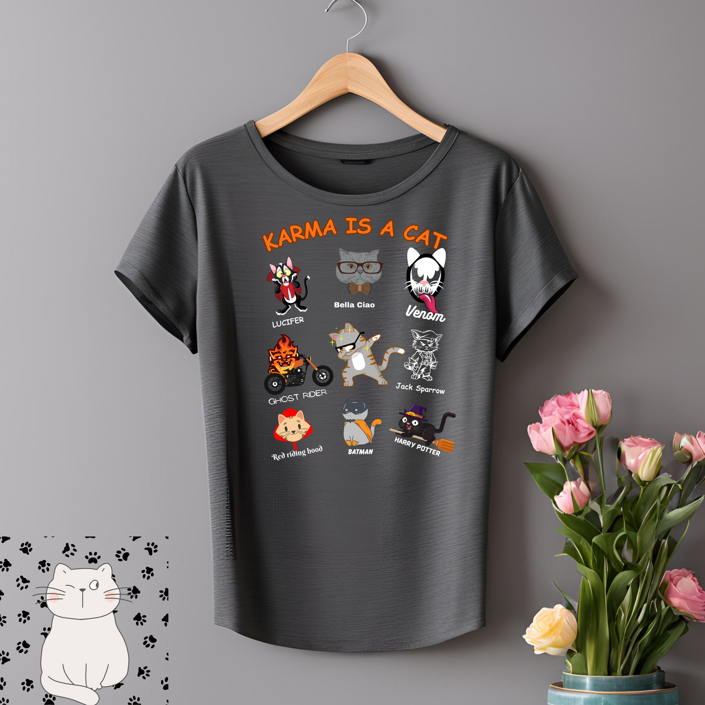 Female round neck t-shirt- Karma is a Cat