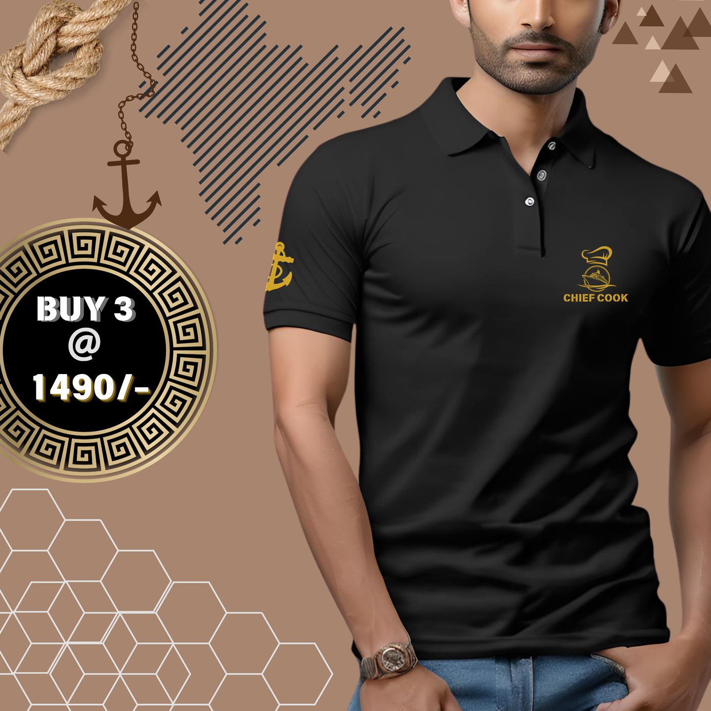 Chief Cook Navy Polo neck Anchor T-shirt