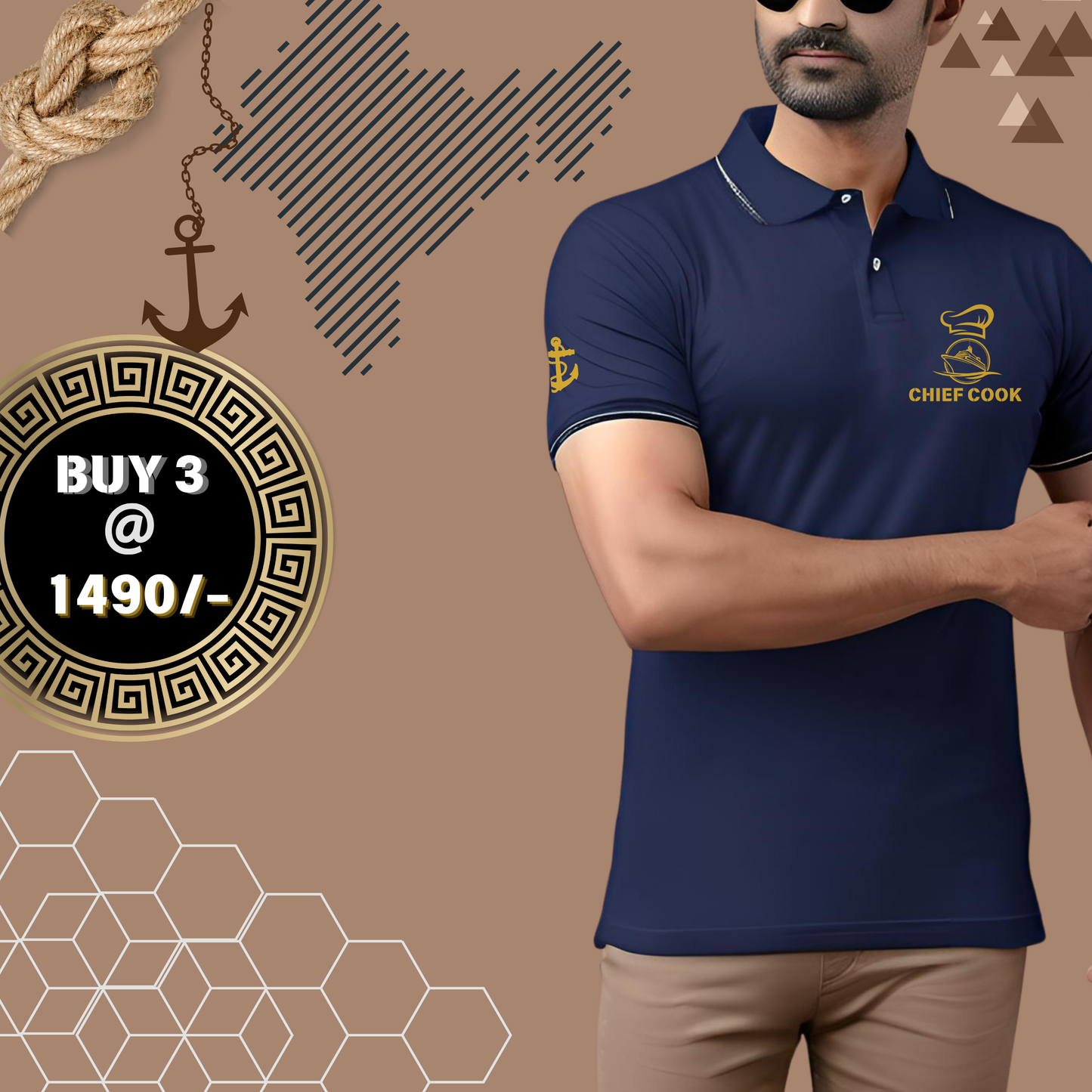 Chief Cook Navy Polo neck Anchor T-shirt