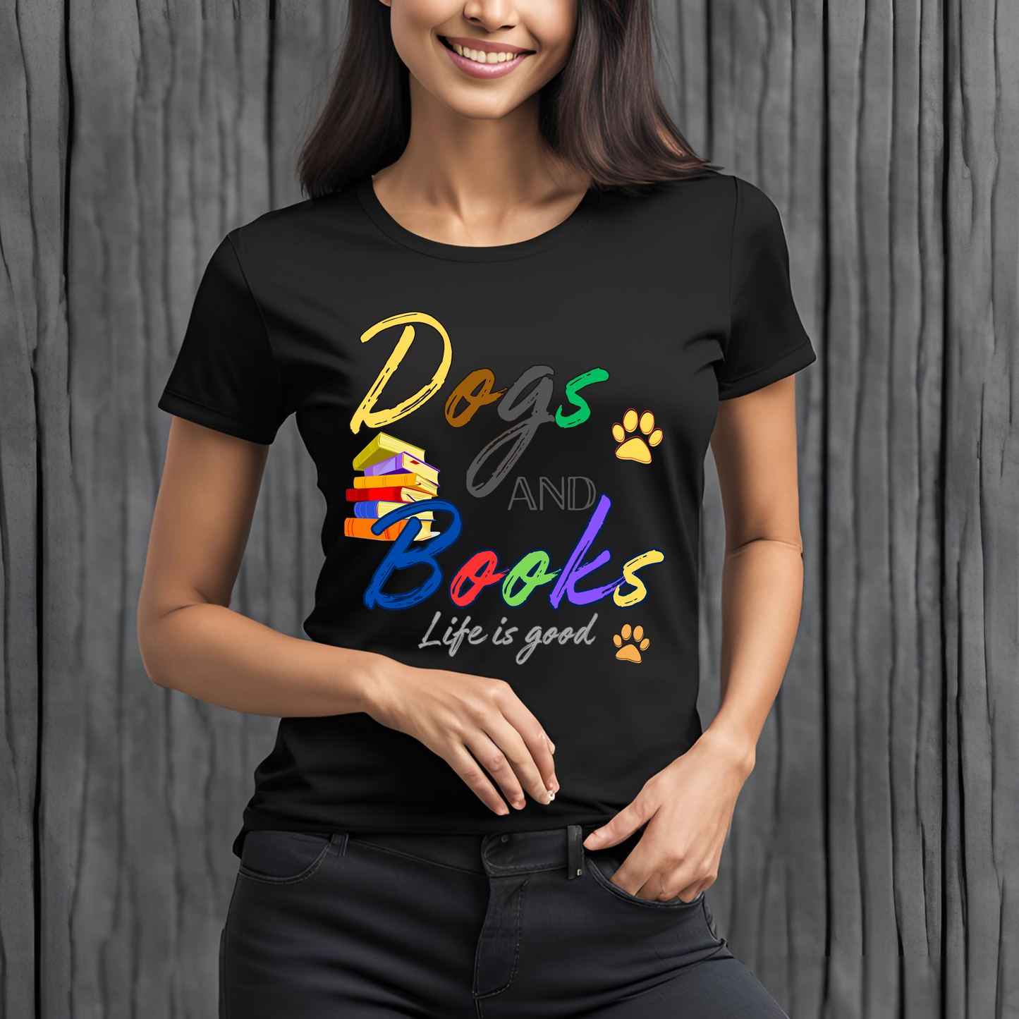 Female round neck t-shirt - Dogs and Books