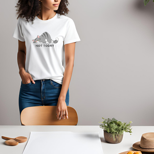Female Round neck t-shirt- Not today lazy cat