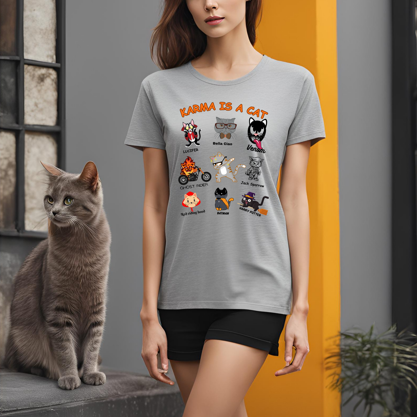 Female round neck t-shirt- Karma is a Cat