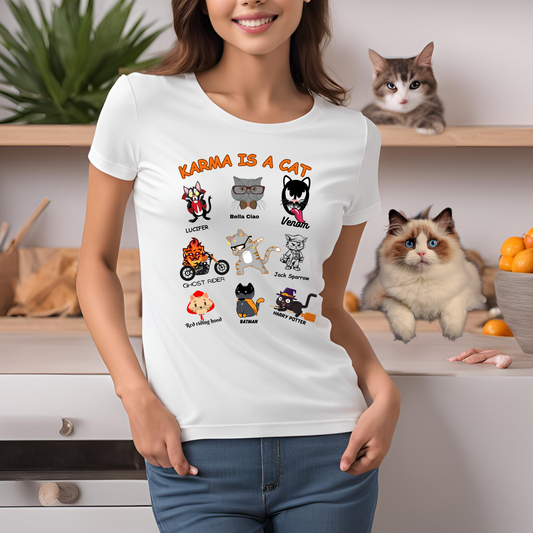 Female round neck t-shirt- Karma is a Cat