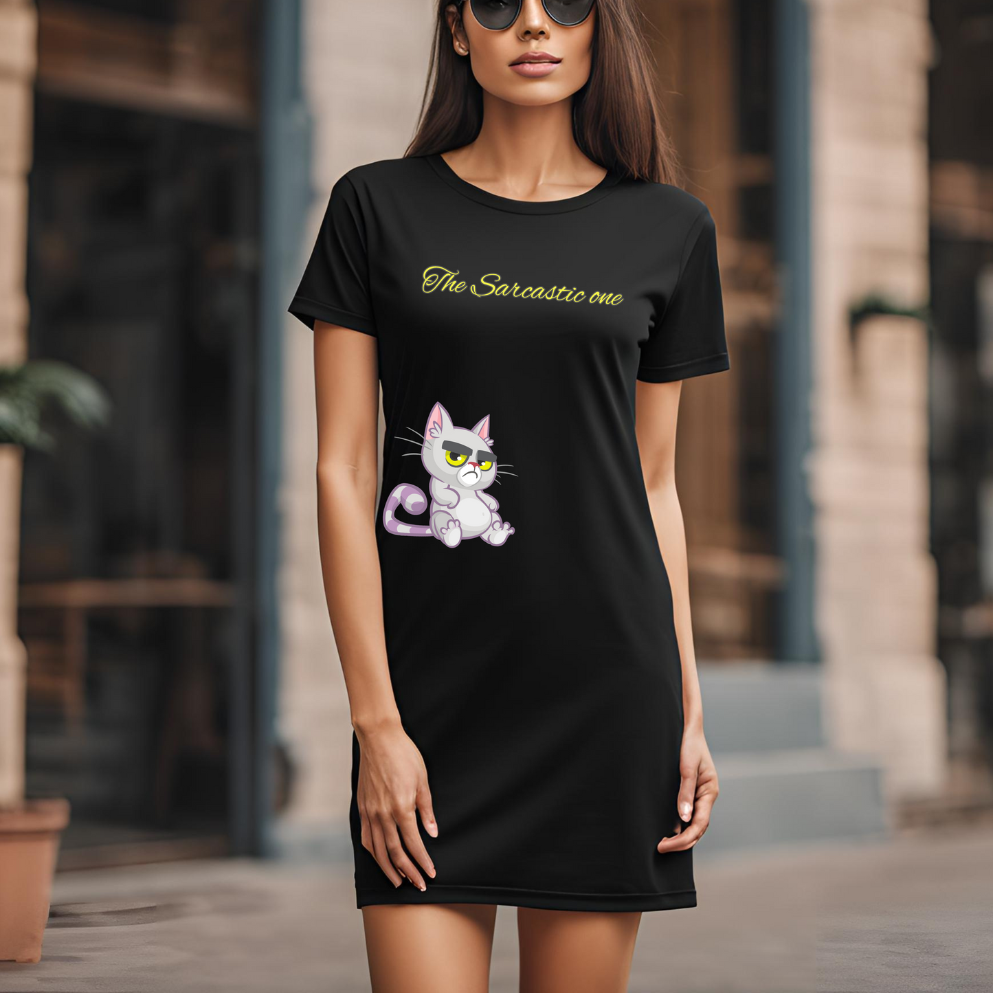 Female round neck t-shirt dress- Sarcastic cat