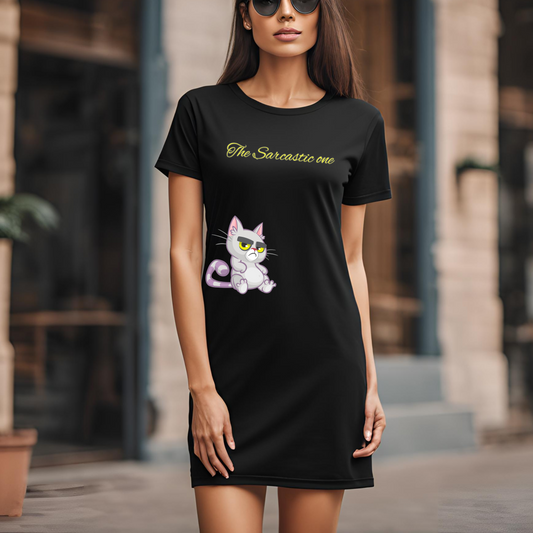 Female round neck t-shirt dress- Sarcastic cat